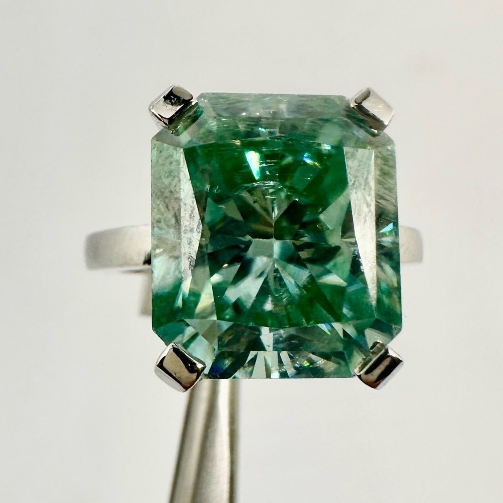 16 Carat Moissanite Ring Radiant Cut Fancy Blue Green Cocktail Statement Ring